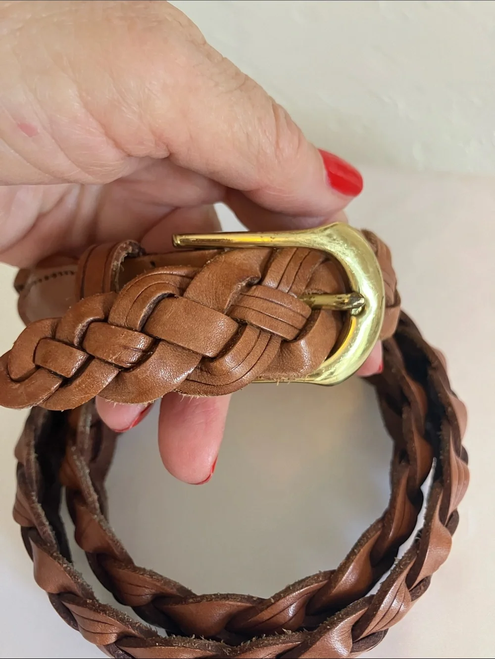 Lands' End Braided Leather Belt in Brown with Gold Buckle
